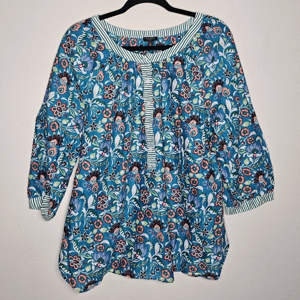 Talbots Womens 1X Blue Floral Half‎ Button Up Top Multicolor Artsy Whimsical
